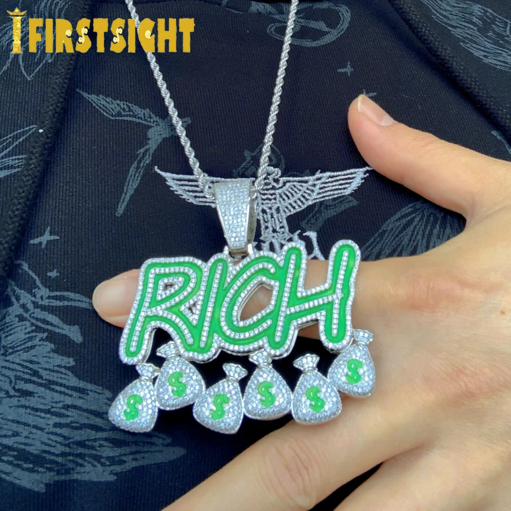 Iced Out Bling CZ Letter Hustle Hard Rich Lucky Pendant Necklace 5A Zircon Badge Fluorescence Charms Men Hip Hop Jewelry