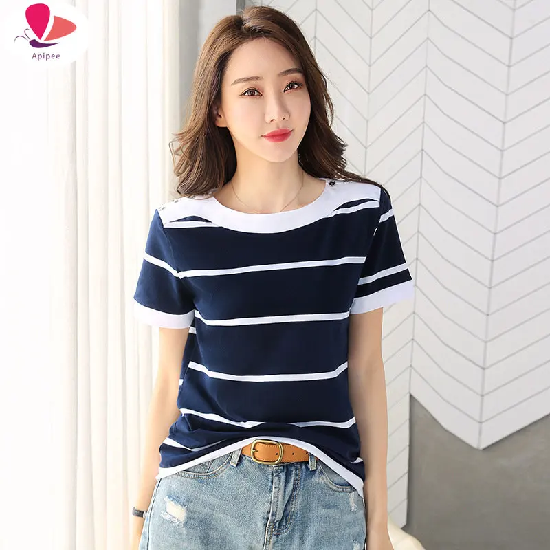 APIPEE Summer Blue White Striped Short Sleeve Cotton T-Shirt Women Button O-Neck Elegant Plus Size Tshirt Female Fashion Tops