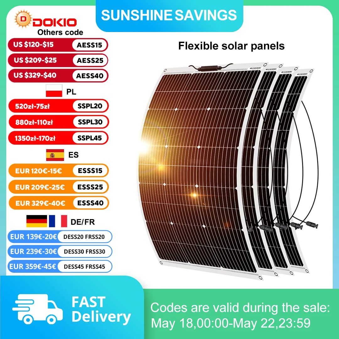 DOKIO 4 pièces 100W panneau solaire 18V panneaux flexibles monocristallins adaptés au camping, installation RV peut charger des piles 12V