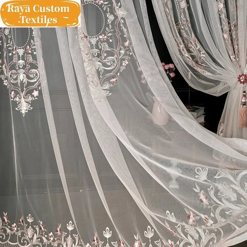 

Embroidered Tulle Curtains French Light Luxury Modern Bedroom New High-end American Style European Curtain Veil Custom Size