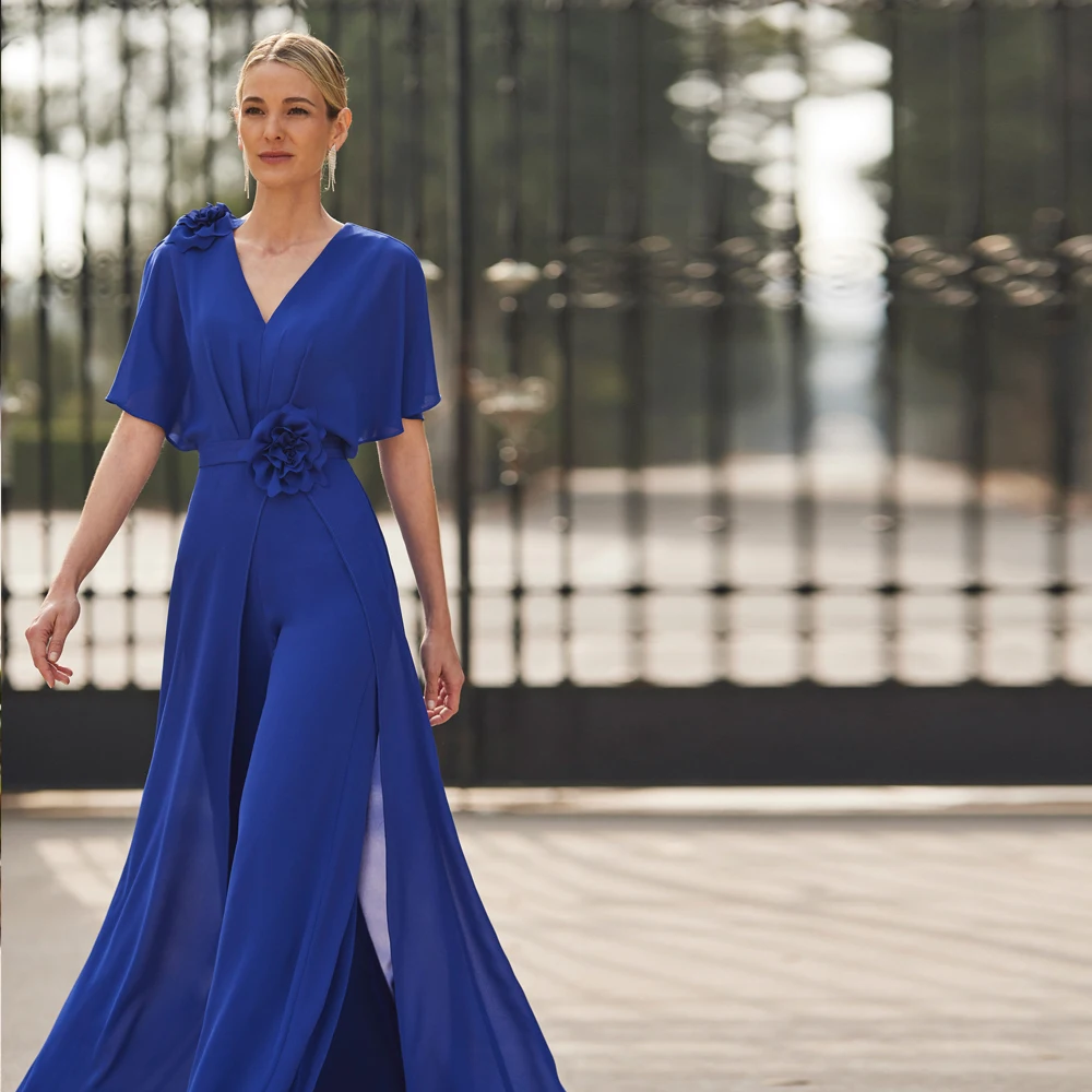 Elegant Royal Blue Mother of the Bride Dresses V Neck Short Sleeve Wedding Party Gowns Flower Floor Length Chiffon فساتين السهرة