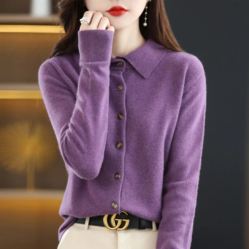 여성용 스웨터 100% 메리노 울 폴로 칼라 카디건 니트 따뜻한 자켓 가을, 겨울 느슨한 따뜻한 소프트 캐시미어 스웨터 DMR