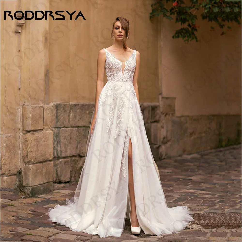 RODDRSYA Vintage Vestido De Noiva Sem Mangas Para A Noiva Fenda Apliques Tanque Frisado Tule V Neck Vestido De Novia A Linha Vestidos De Novia Vestido de noiva vintage sem mangas para noivas  Vestido de noiva com fenda