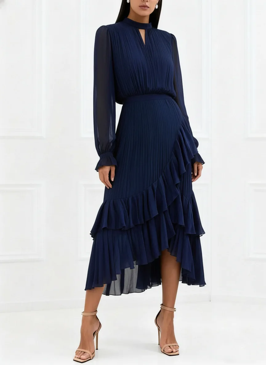 LGRQ 2026 Summer New Solid Color High Waist Dress With Ruffled Hem And Pleats Mid-Length Party Evening Gown