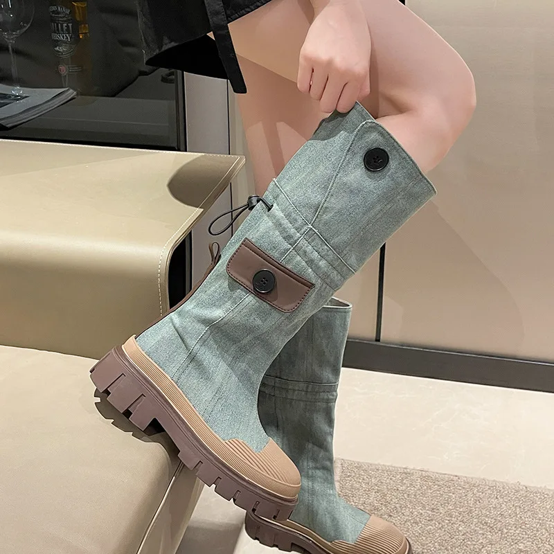 

Shell Round Toe Long Work Boots For Women Blue Denim Buttons High-Top Botas Largas De Mujer Thick Sole Chunky Mid Heels Retro