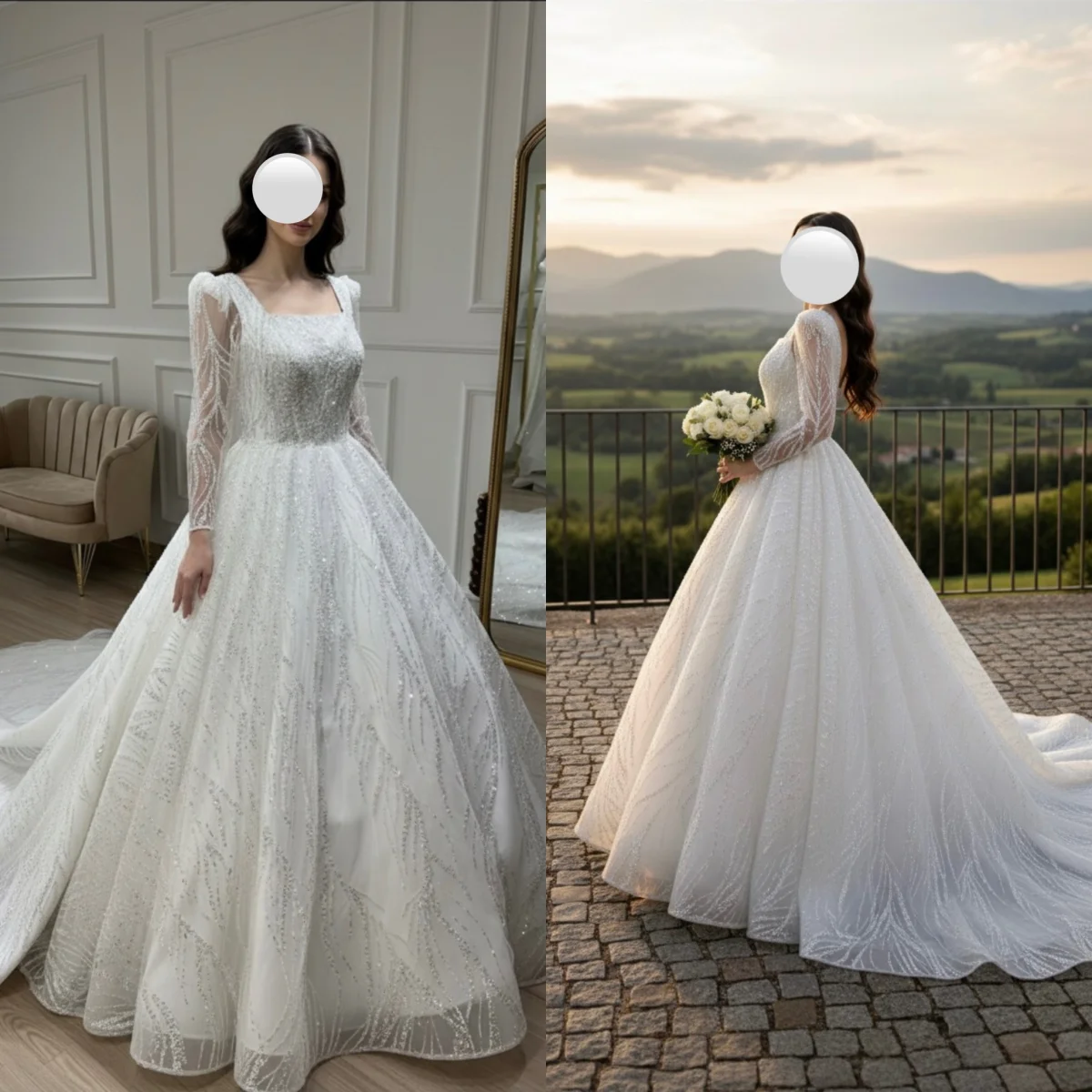 

Custom White Luxurious Elegant Large Skirt Wedding Dress Long Sleeved Square Neckline Pearl Embroidery Lace Vestidos De Noiva