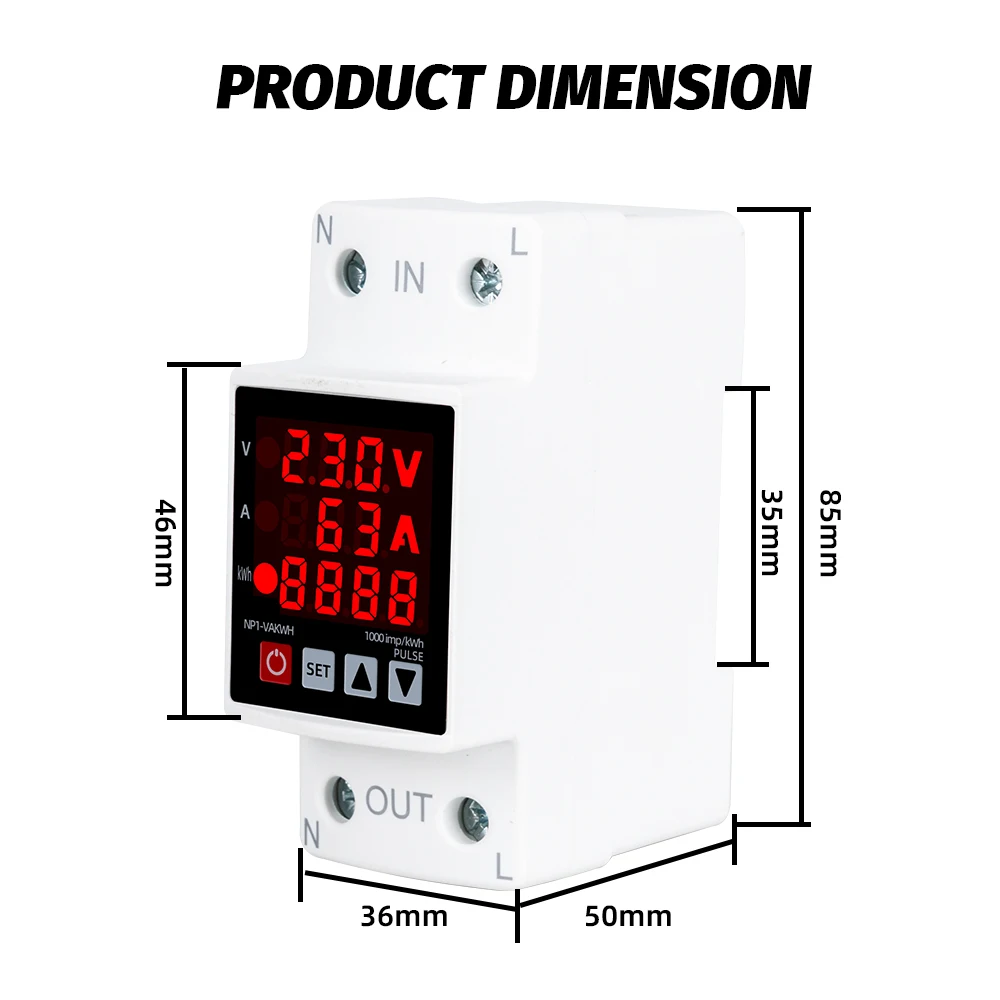 63A 40A 230V wyświetlacz Led Din Rail regulowany nad i pod napięciem zabezpieczenie przeciwprzepięciowe przekaźnik Kwh watomierz mocy 3 w1