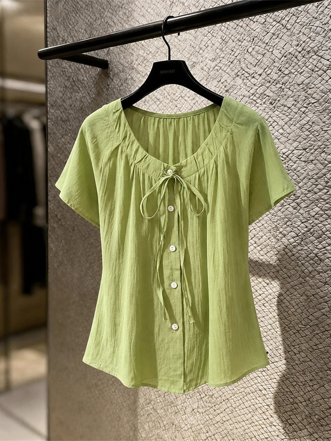 

Korean Style round Neck Ribbon Short Sleeve Single Button Fashionable Shirt Casual Summer Top Commute Style Straight Cut