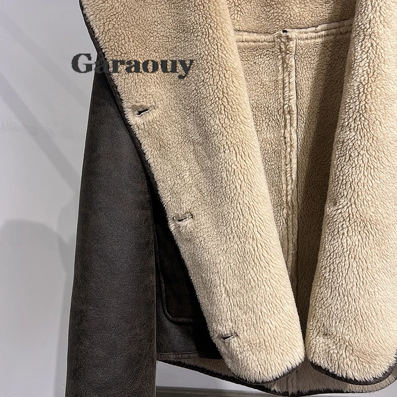 Garaouy Woman Retro Faux Leather Jacket Female Streetwear Turn-Down Collar Long Sleeve Pocket Single Breasted Winter Thick Coats