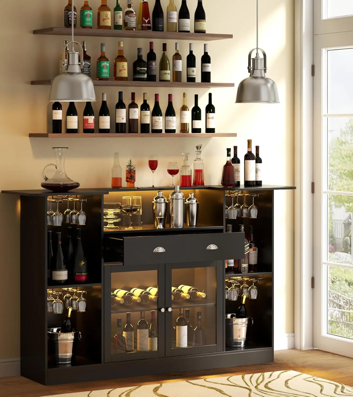 Bar armário de mesa com LED e gaveta, mini bar de bebidas, armazenamento 8 camadas e suporte de estandarte, balcão em forma de crescente para casa e bar