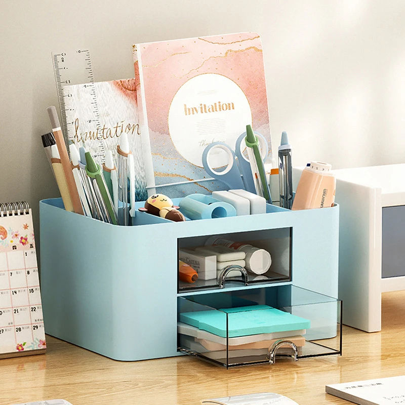 Eenvoudige Effen Kleur Pennenhouder Met 2 Lade Grote Capaciteit Multifunctionele Kantoorbenodigdheden Opbergdoos Studentenbureau Desktop Organizer