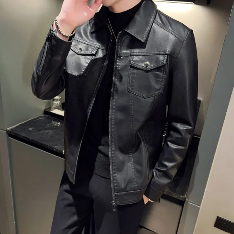 Men Autumn Fashion Motorcycle Slim Men Lapel Streetwear Baseball Outdoor PU Leather Black Jacket Bomber Casual New Business Coat