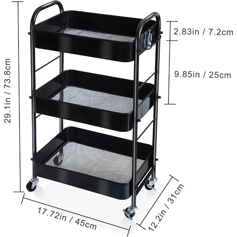 3-Tier Rolling Utility Cart with Stopper Caster Wheels and 4 Hooks, Easy Assembly, for Kitchen, Bathroom, Living Room, Office