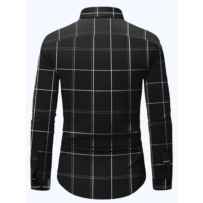 2025 Men's New Black Shirts Fashion Four Season Business Long Sleeve Casual Male Elastic Plaid Shirt