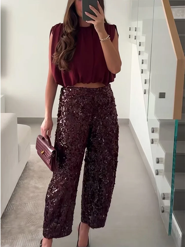 TFMLN Winter New Women Sequined Pants Set Elegant Sleeveless Backless Faux Fur Hem Top Wide Leg Pants Fashion Party Suits