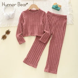 Humor Bear Spring and Autumn Girl's Suit Crew-neck knit Vertical grain Long Sleeve +Pants Casual Soft Suit Kids Clothes