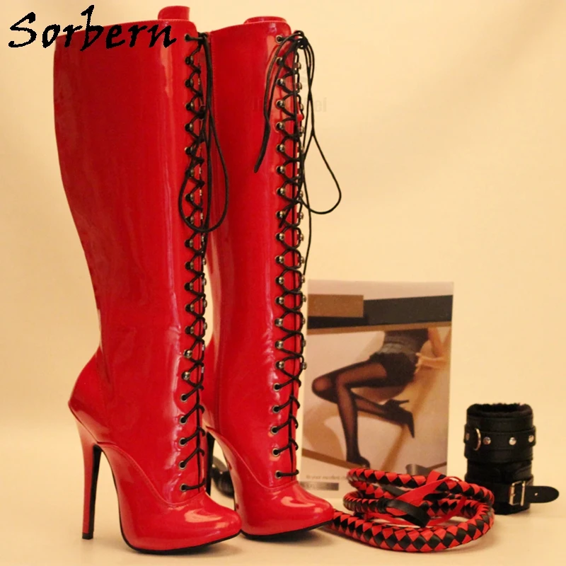 Sorbern Retro Red Knee Boots Ladies Burlesque Heel Dancer Show Lace Up Boot High Heel Customized Leg Stilettos Size 36-46