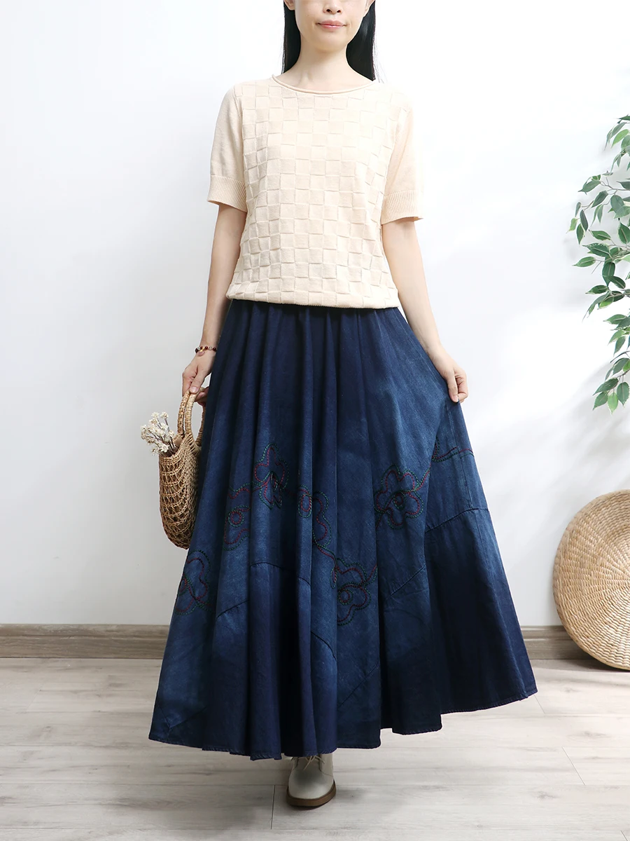 TIYIHAILEY Women's Long Maxi A-Line Denim Skirt, Elastic Waist, Embroidery,Blue Jeans, Winter and Autumn, 2024 New