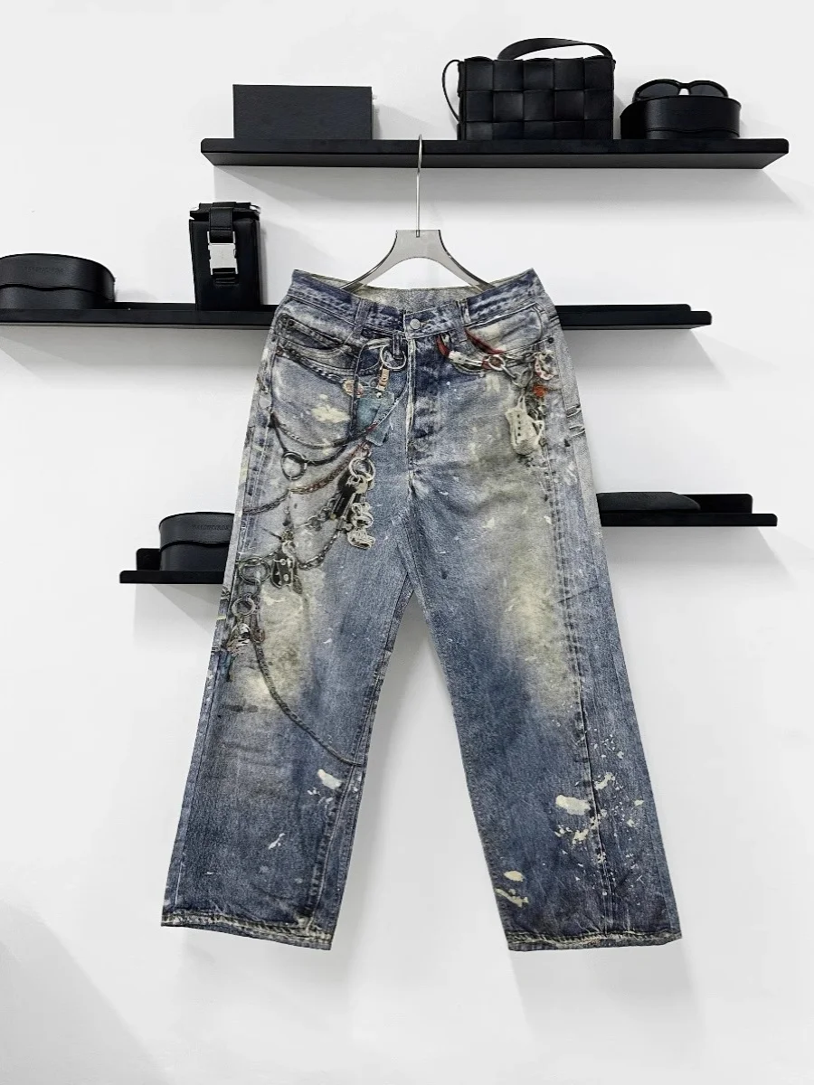 New Sle 3D Printed Chain Straight Leg Jeans American Vibe Trendy Brand Worn Look Emed Long Trousers for Teens