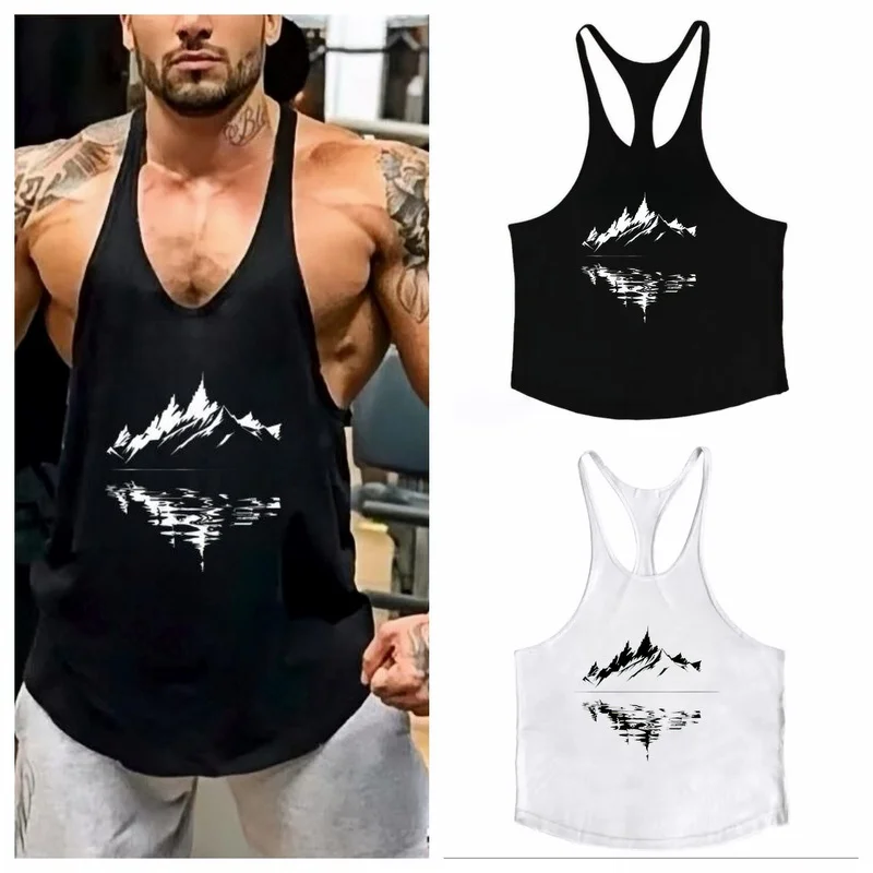 

Popular Fitness Gym Men's Fashion Loose Version Plus Mountain Reflective Printing I-shaped Sleeveless Sling Vest Top Clothing