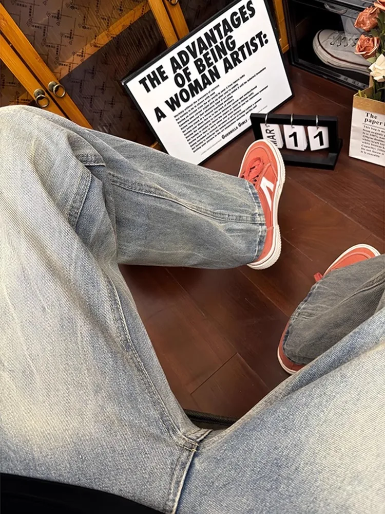 بنطلون جينز رجالي بنمط الخيزران البراق، تصميم صيفي ضيق مستقيم بأسلوب الشارع الأمريكي الرجعي