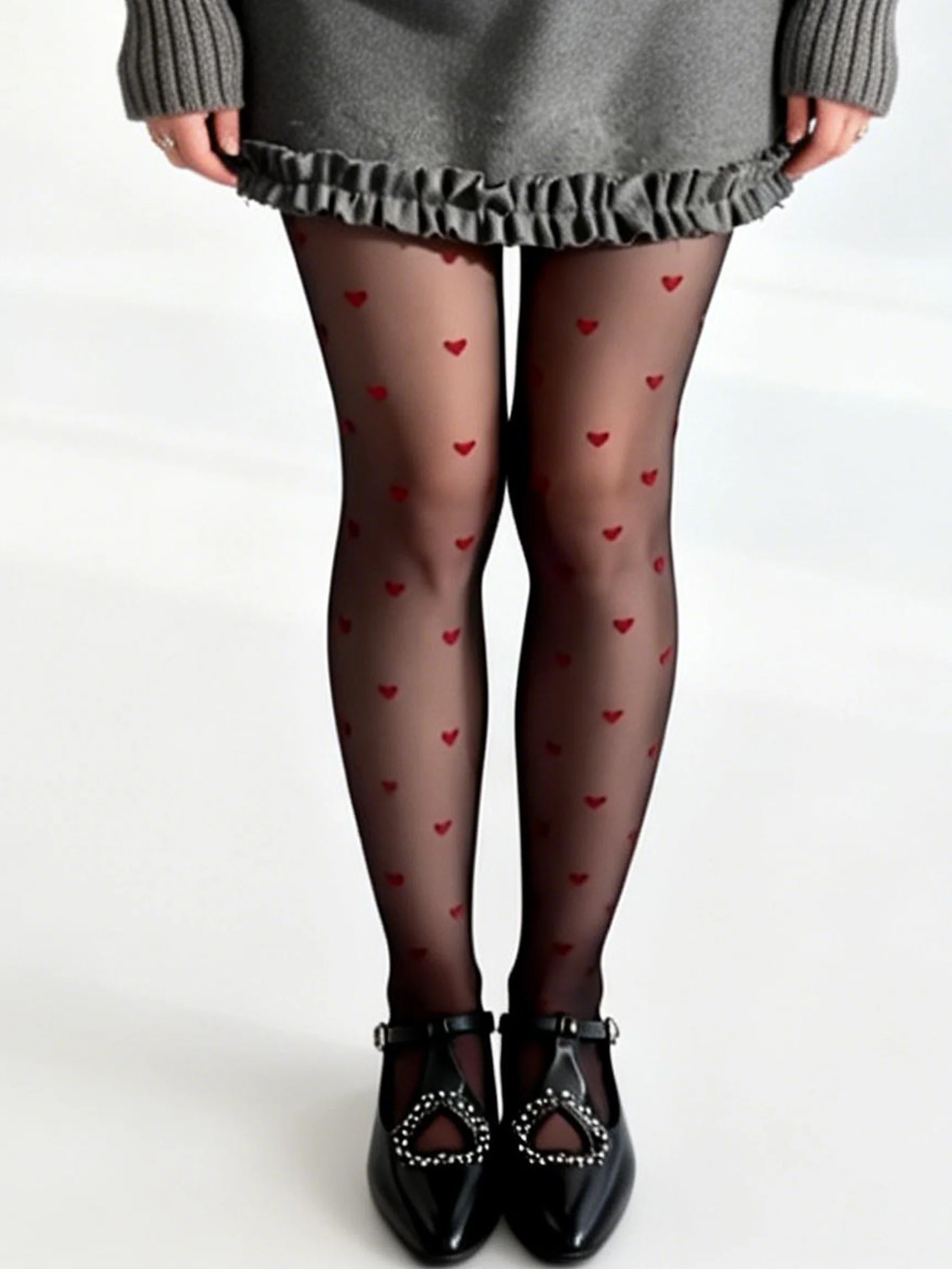 1 pc Valentine's Day Women's Ultra-Thin Red Heart Pattern Black Stockings Sexy Sheer Pantyhose for Daily Wear & Party Spring