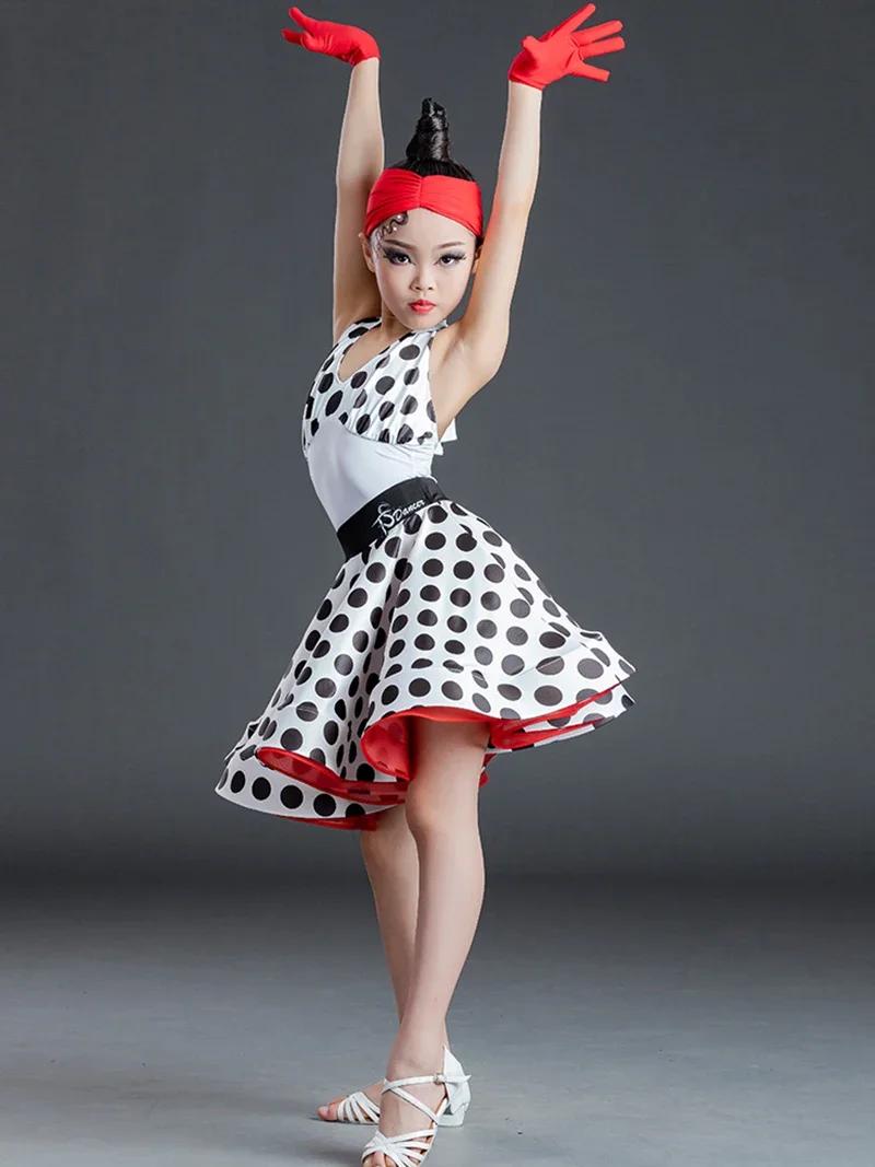 เด็กผู้หญิงแขนกุด Halter Backless Polka Dots บอดี้สูทและ Fishbone Swing กระโปรง Dancewear เด็กเครื่องแต่งกาย