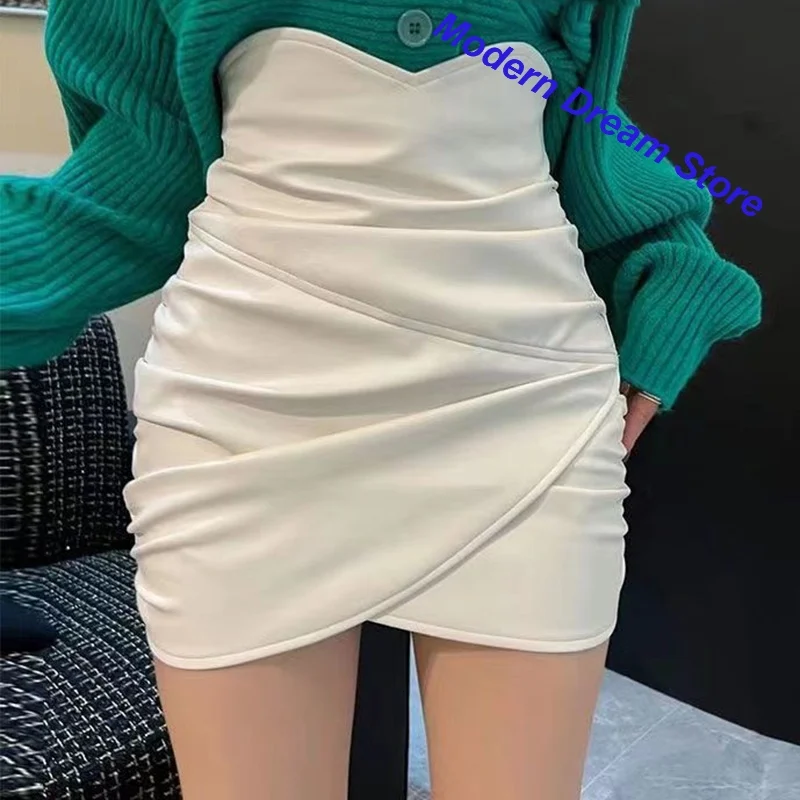 Korean Spice Girl Irregular Folding Leather Skirt Women's autumn and winter high waist slim anti-exposure temperament hip skirt