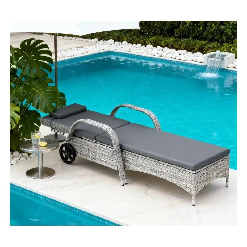 

Кресло для отдыха из ротанга с регулируемой спинкой и колесами, подушкой и подголовником для отдыха на открытом воздухе