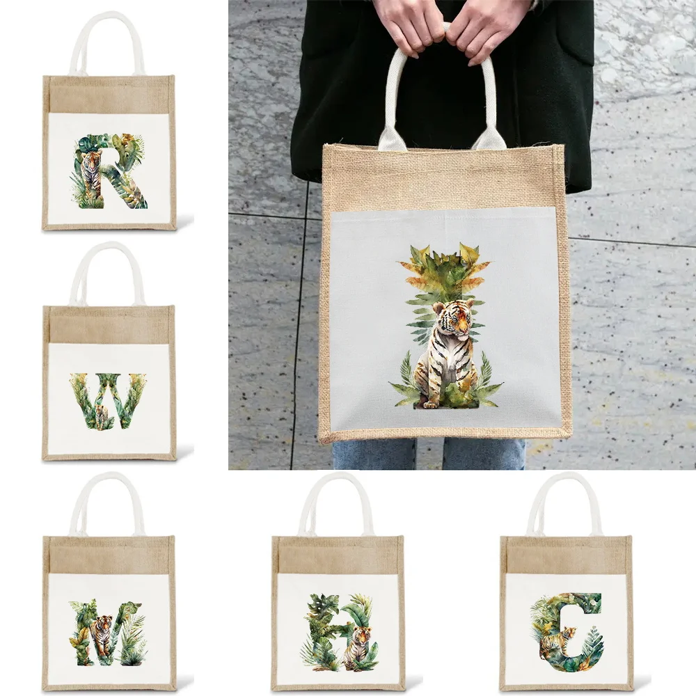 

Jungle Tiger Letter Printing Pattern Outdoor Travel Linen Shoulder Bag Yellow Linen Imitation Hemp Bag Women's Shopping Bag