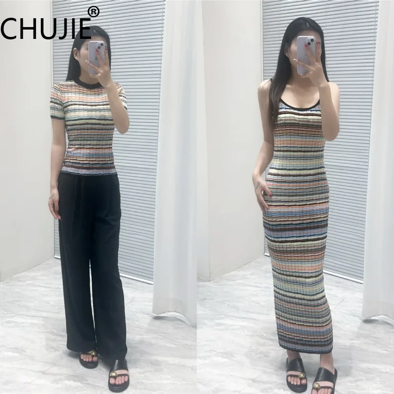 CHUJIE 2025 サマーコントラストストライプドレス - スリムフィットロングニットスリップ＆同スタイル半袖Tシャツ、ビスコース混紡