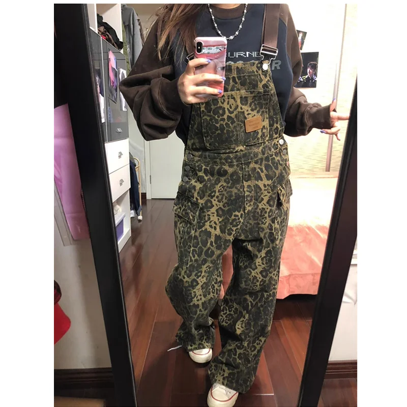 Overalls Pants Women's Suspender Jeans Spring Plus Size Streetwear Baggy Pants Vintage Leopard Print Mom Denim Braces Trouser