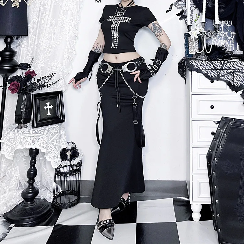 2025 Nieuwe Lente Herfst Vrouwen Rok Mode Koreaanse Stijl Zwarte Lange Rokken met Ketting Zijsplit Hip Hop Streetwear Plus Size