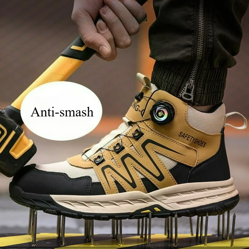 Men Safety Boots Rotating Button Work Boots Anti-puncture Anti-smash Male Safety Shoes Indestructible Steel Toe Protective Boots