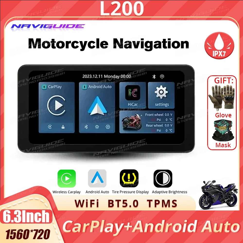 

NAVIGUIDE L200 6,3 ''Linux carplay беспроводной мотоцикл CarPlay и Android Авто Портативный мото ЖК-дисплей IPX7 WiFi 1560*720 BT 5,0