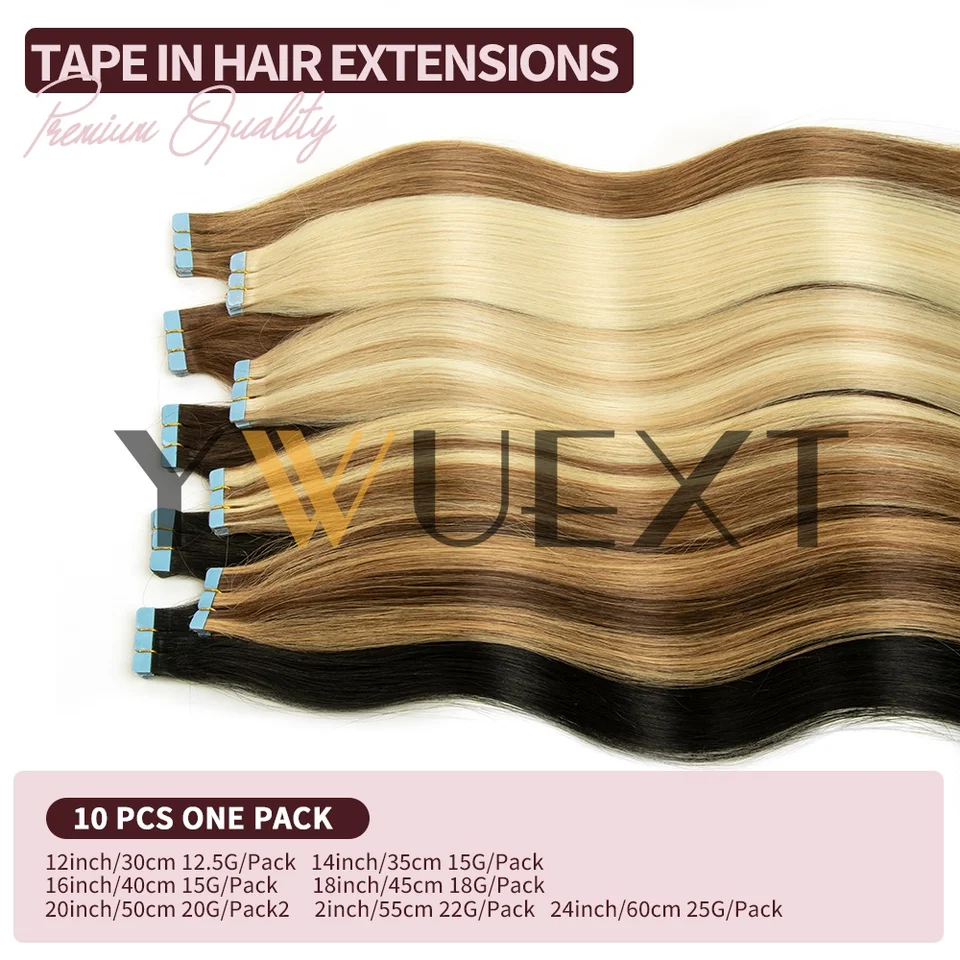 10 piezas/paquete Mini Extensiones de Cabello con Cinta, 12" 16" 20" Cabello Humano Real, Negro con Mechas Rubias, Invisible Skin Weft, No-Remy, Extensiones con Cinta 4