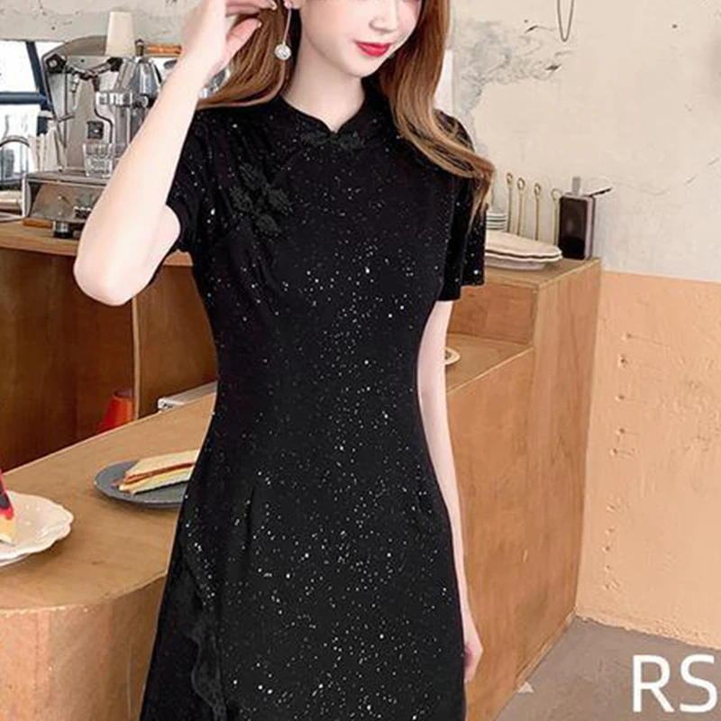 Summer New Chinese Style Vintage Lace Patchwork Bodycon Dress Ladies Elegant Fashion Black Slit Robe Women Slim Sequins Vestidos