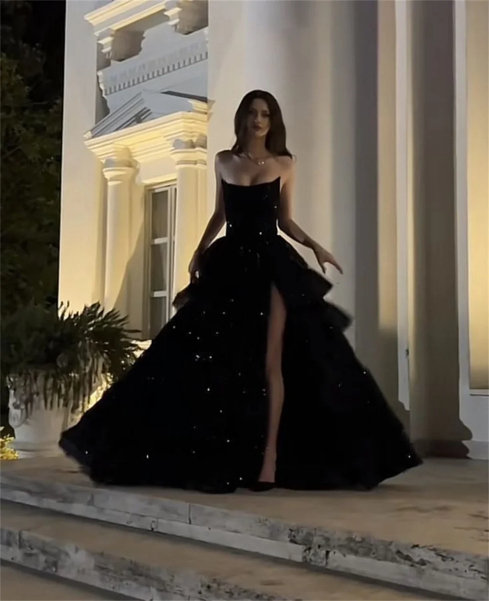 Bella Black Tulle Prom Dresses Side Split A-line Strapless Wedding Dress Elegant Customized Sleeveless Vestidos De Fiesta 2024