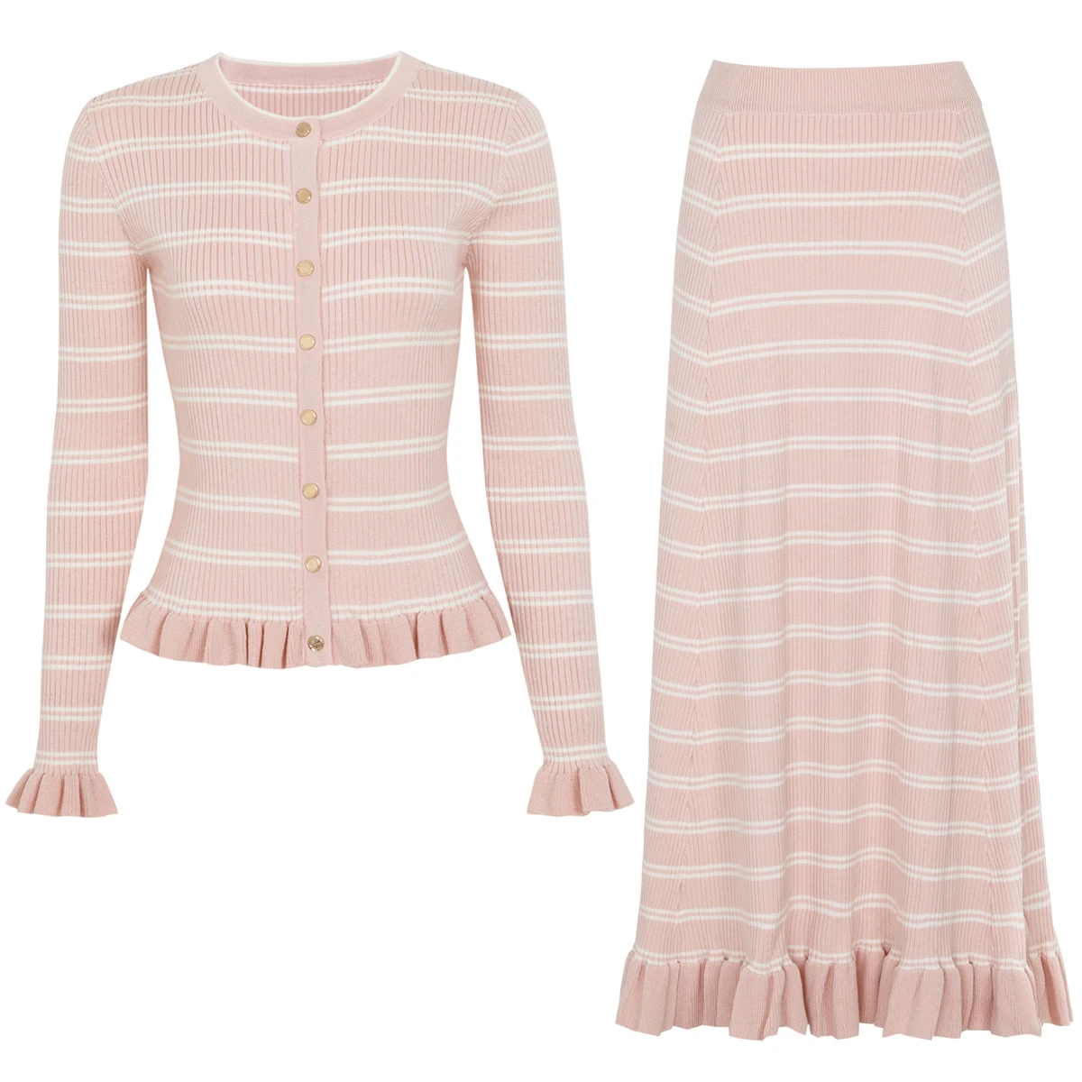 26276 High-Quality Summer And Autumn New Fashionable Women's Striped Round Neck Long Sleeved Cardigan+Lotus Leaf Skirt Set