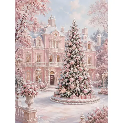 DIY 5D Diamond Painting, Pink Christmas Castle Scenery Art, Hobby Craft for Home Wall Decor, Ideal Gift for Art Lovers