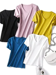Summer 80 Count Silk Cotton Short Sleeved T-shirt Women's Basic V-neck Solid Color Plus Size Top S-3xl