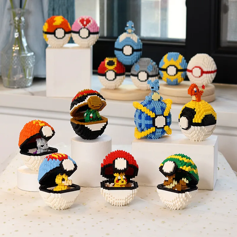 Anime Pokemon Poké Ball Model Micro Building Blocks Bricks DIY Pikachu Charmander Mew Squirtle Figures Set Toy for Children Gift