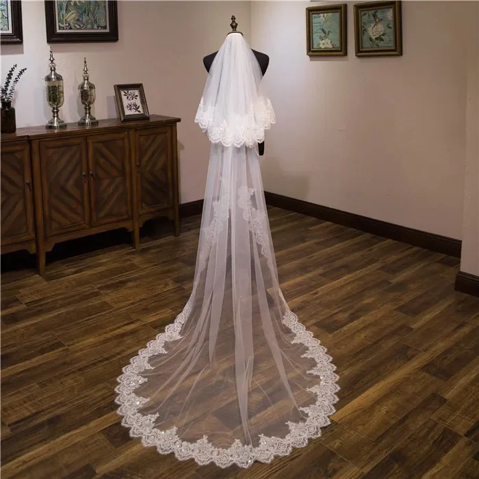 2022 Cheapest In Stock Long Bridal Veil Appliques Veu De Noiva Longo Wedding Veil Lace Purfle