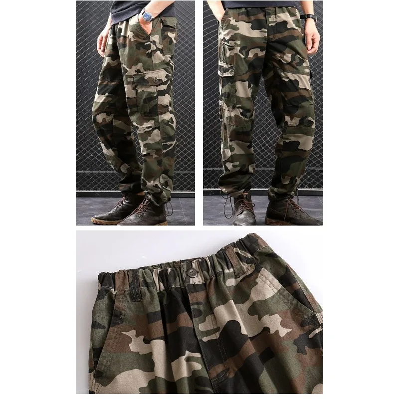 Men Cargo Work Pants Solid & Camo Multi Zipper Pockets Drawstring Hem Wear Resistant Straight Outdoor Hiking Tactical Trousers - view 2