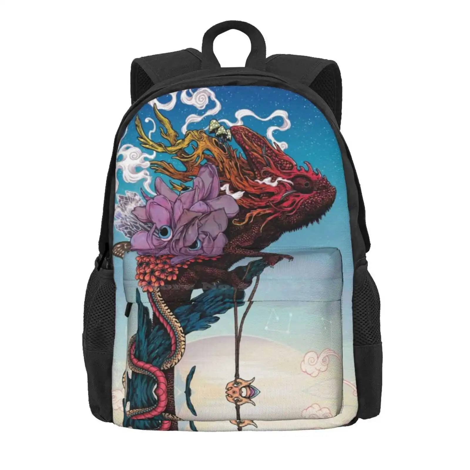 Phantasmagoria Ii Hot Sale Schoolbag Backpack Fashion Bags Chameleon Lizard Psychedelic Wild Sci Fi Surrealism Flowers Space