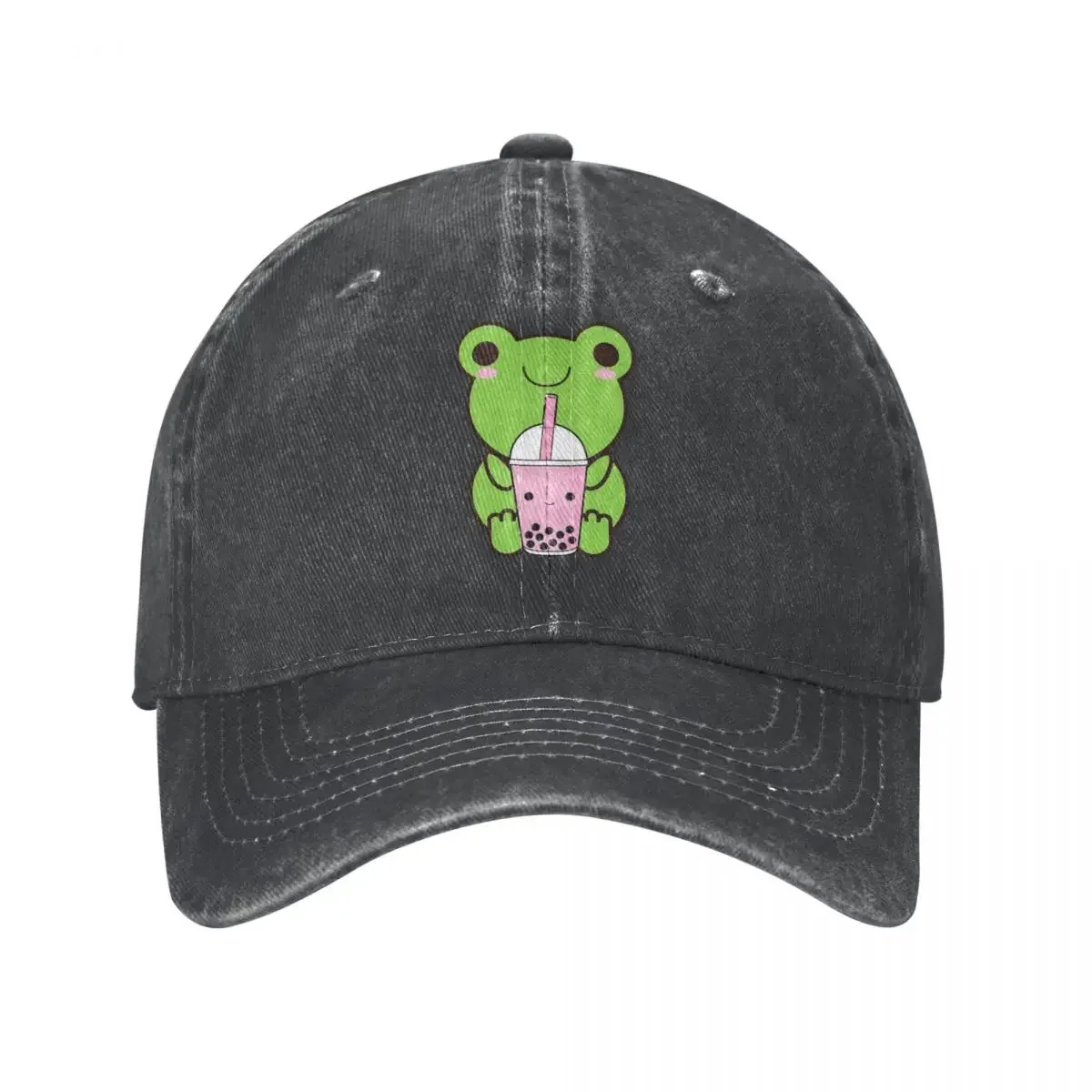 Cute Cartoon Kawaii Frog Drinking Boba Tea Baseball Caps Washed Damln Hats Adjustable Casquette Hip Hop Baseball Cowboy Hat