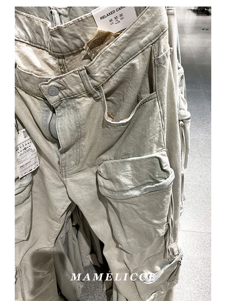 MAMELICCE Original design High Street Jeans cargo pants Workwear with multiple pockets Washed denim casual Wide leg pants man