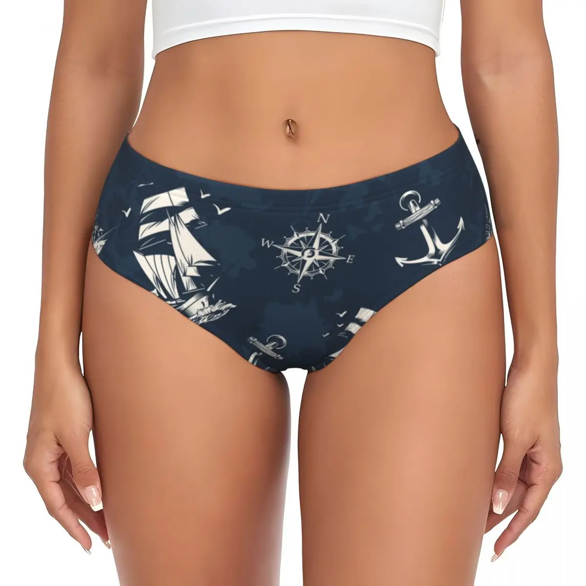 Custom Vintage Nautical Symbol Brief Panties Womens Breathable Sailor Anchor Compass Underwear