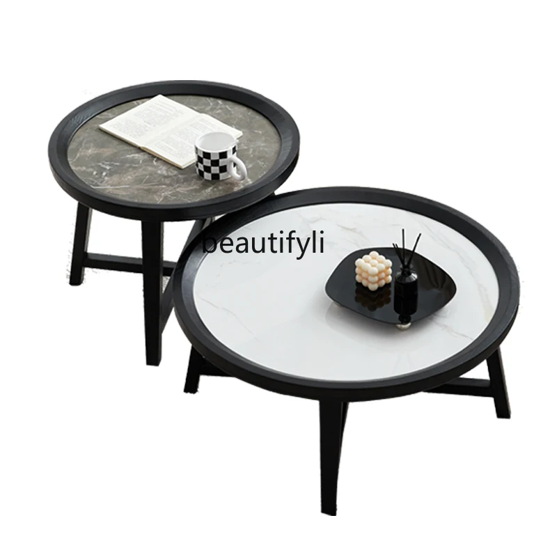 

Stone Plate round Tea Table Combination Italian Living Room Ash Wood Side Table Household