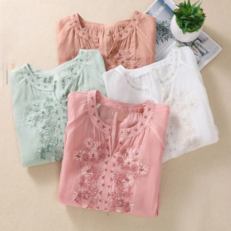 Fashion Thin Cotton Linen Y2k Tops Tee Women Clothing Summer Loose T Shirts Woman Embroidered T-shirt Blusa Casual Ladies tshirt